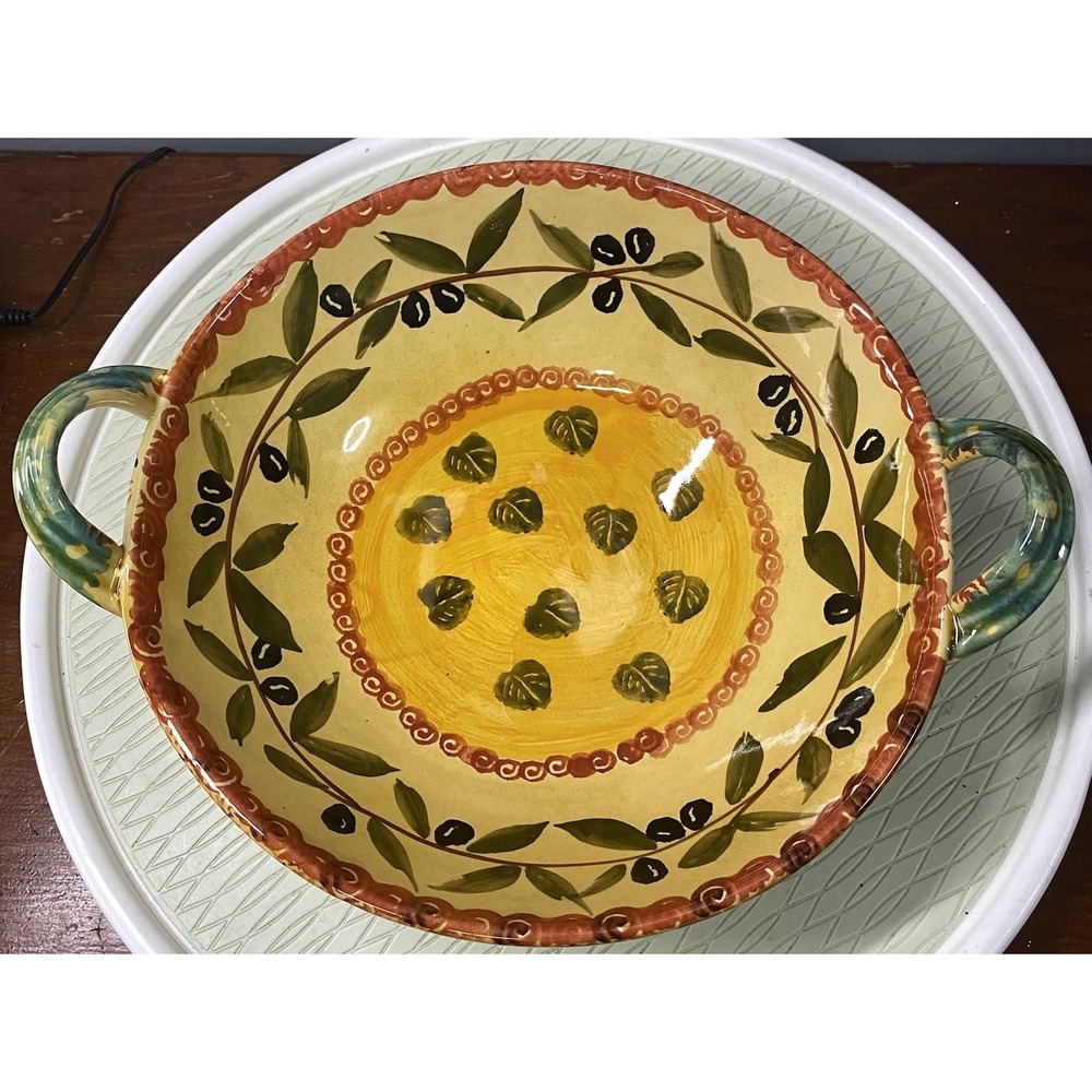 ITALICA ARS 11" Italian Pottery Art Pasta/Salad Bowl 2 Handles 3.5" Tall Olives